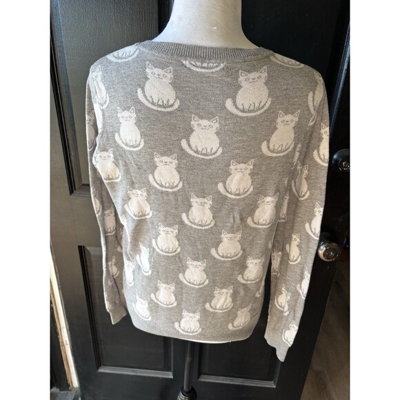 Jacquard Knit Smiling Cat Print Sweater Gray White Whimsical Juniors L - Picture 4 of 9